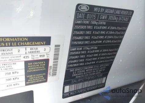 2015 Land Rover Range Rover Sport 5.0L V8 Supercharged z USA, uszkodzony, nr VIN SALWR2TF6FA517939